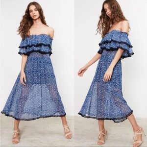 Misa Los Angeles Blue Maribel Pom pom trim off shoulder midi dress S